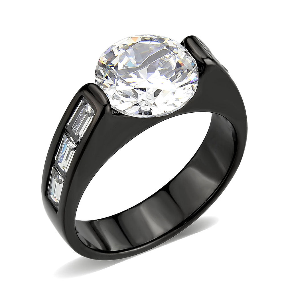IP Black (Ion Plating) Stainless Steel Ring with AAA Grade CZ in Clear