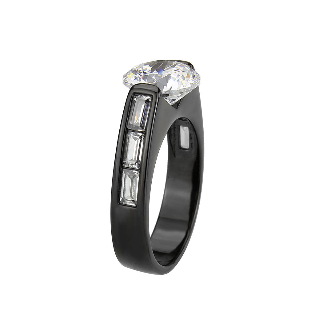 IP Black (Ion Plating) Stainless Steel Ring with AAA Grade CZ in Clear