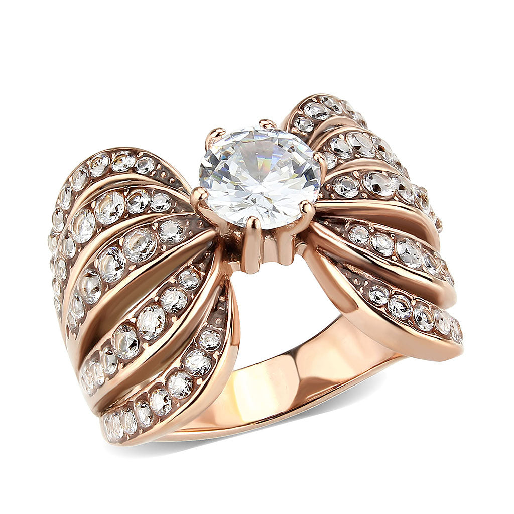 IP Rose Gold(Ion Plating) Stainless Steel Ring with AAA Grade CZ in Clear