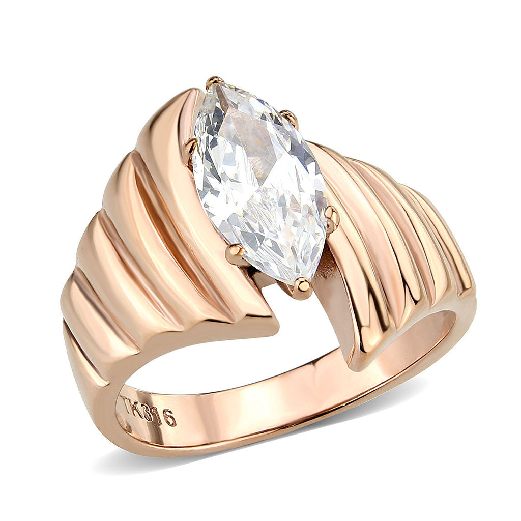IP Rose Gold(Ion Plating) Stainless Steel Ring with AAA Grade CZ in Clear