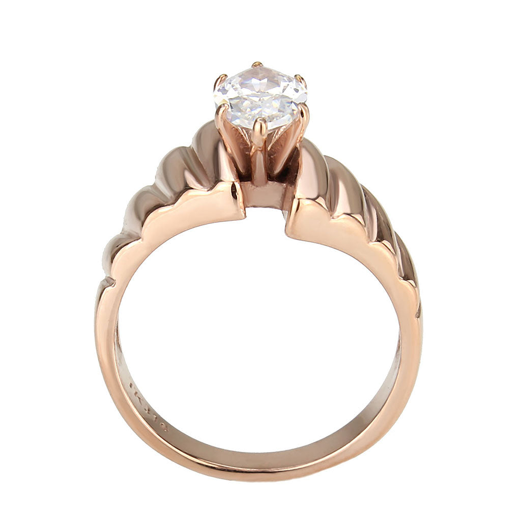 IP Rose Gold(Ion Plating) Stainless Steel Ring with AAA Grade CZ in Clear