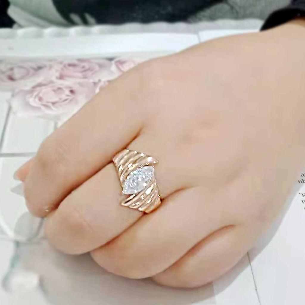 IP Rose Gold(Ion Plating) Stainless Steel Ring with AAA Grade CZ in Clear