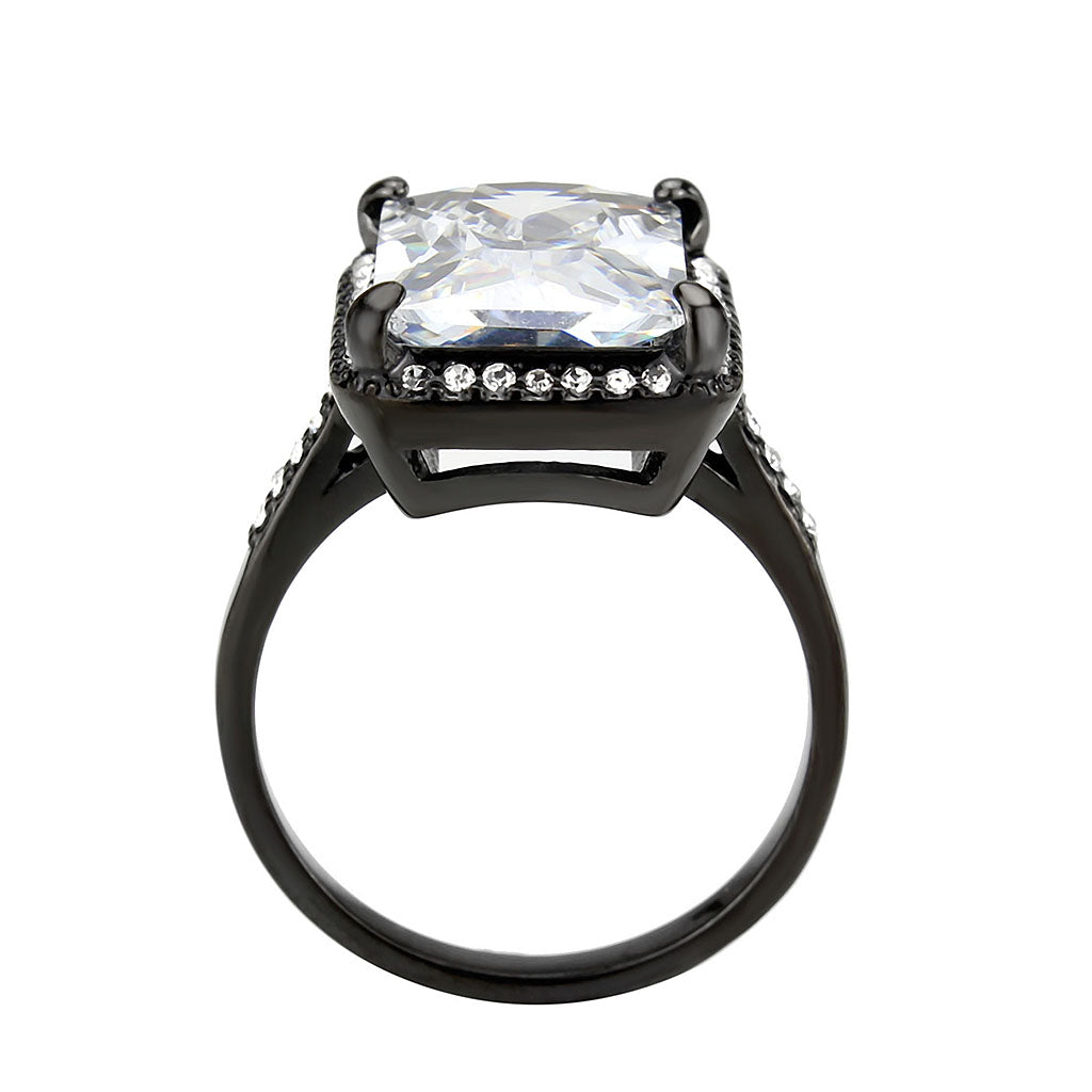 IP Black (Ion Plating) Stainless Steel Ring with AAA Grade CZ in Clear