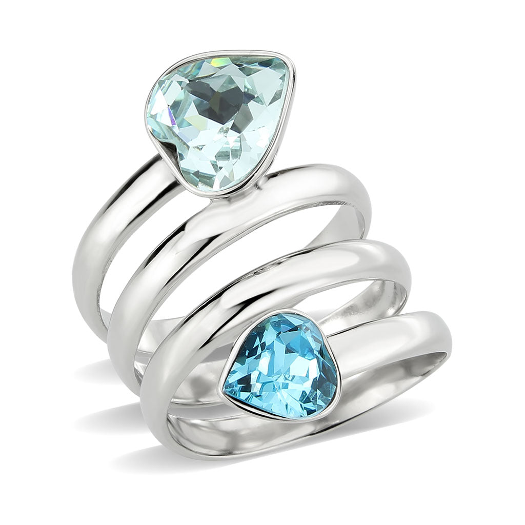 High polished (no plating) Stainless Steel Ring with Top Grade Crystal in SeaBlue