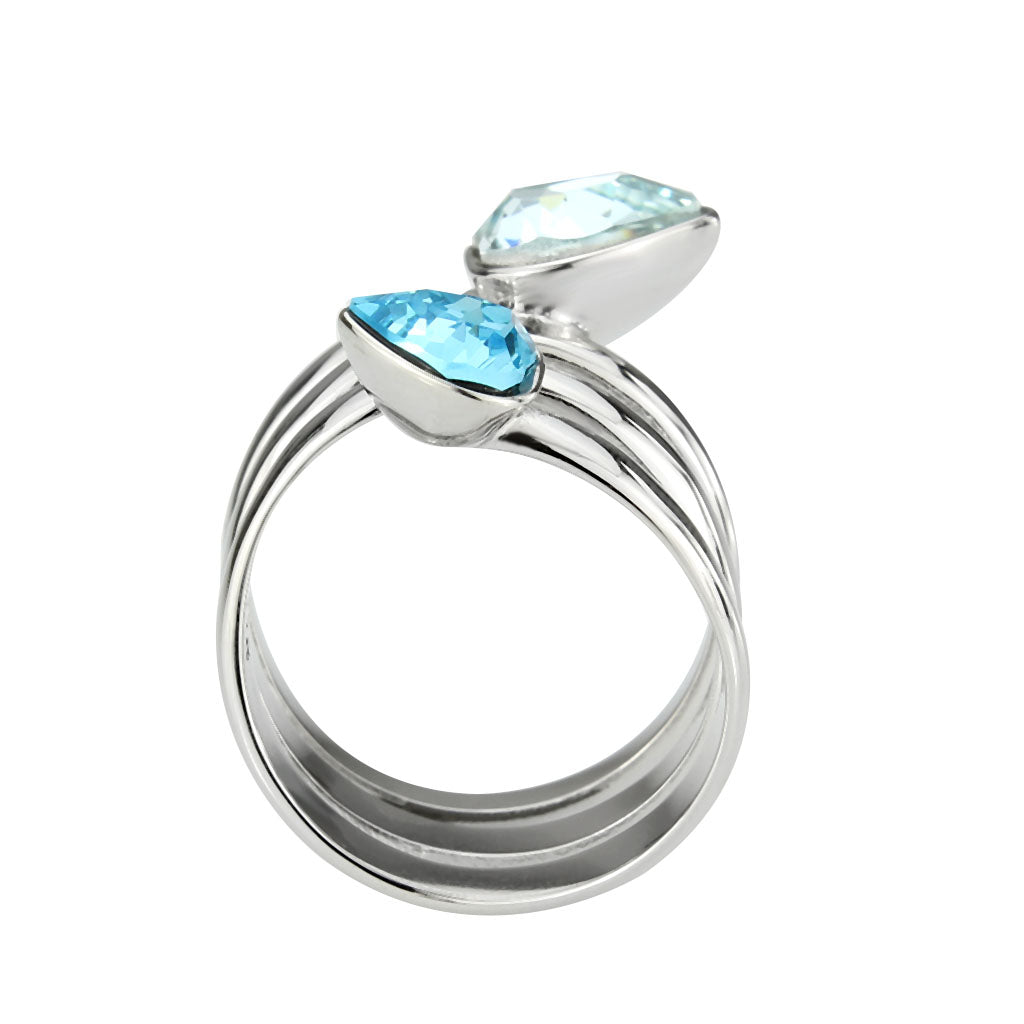 High polished (no plating) Stainless Steel Ring with Top Grade Crystal in SeaBlue