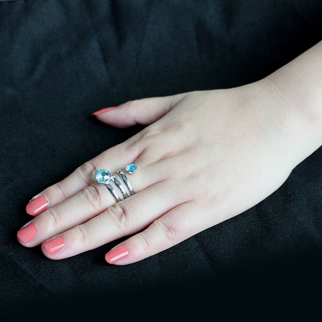 High polished (no plating) Stainless Steel Ring with Top Grade Crystal in SeaBlue