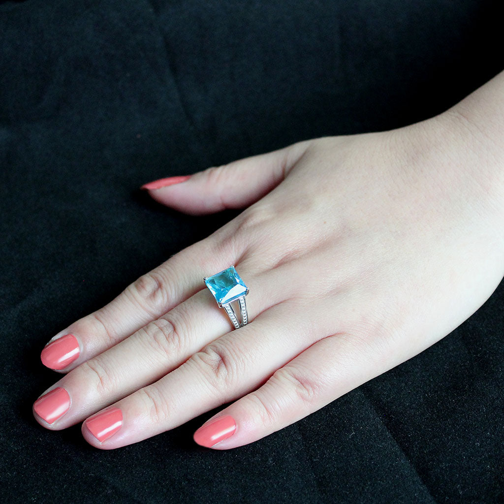 High polished (no plating) Stainless Steel Ring with Synthetic in SeaBlue