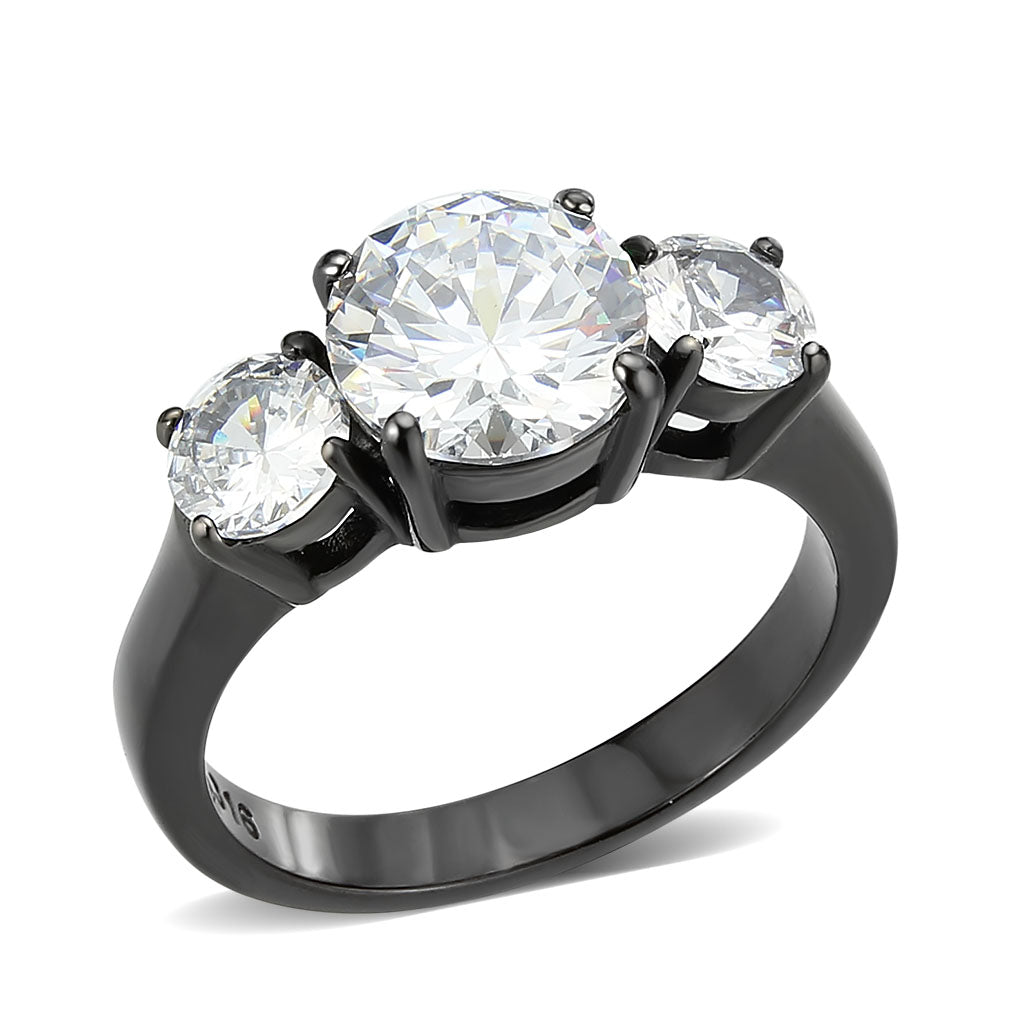 IP Black (Ion Plating) Stainless Steel Ring with AAA Grade CZ in Clear