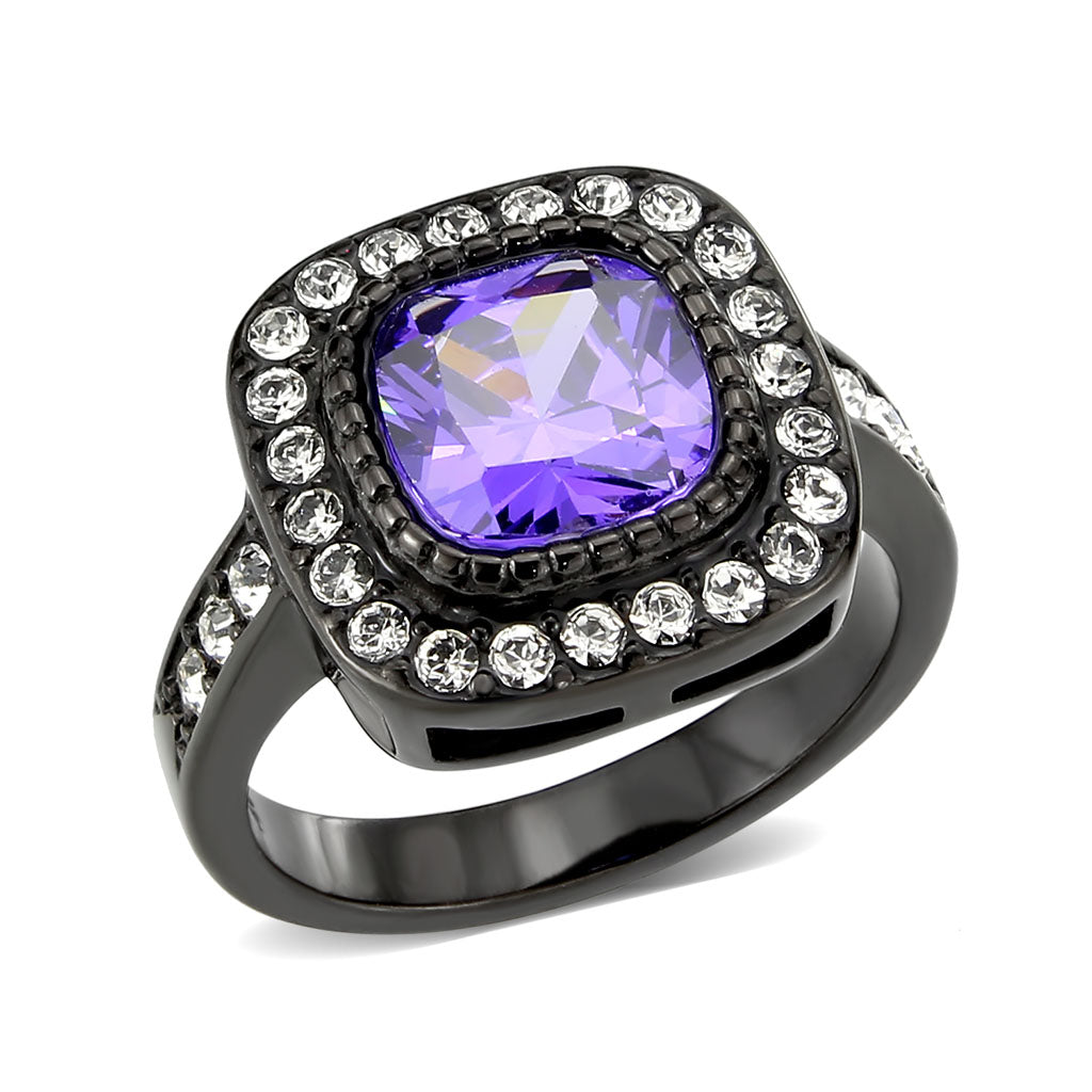 IP Black (Ion Plating) Stainless Steel Ring with AAA Grade CZ in Amethyst