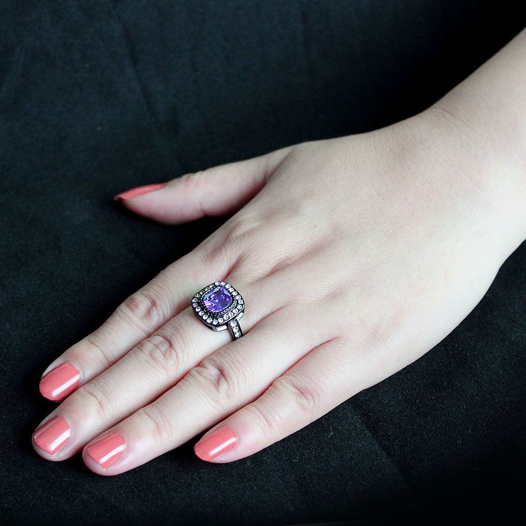 IP Black (Ion Plating) Stainless Steel Ring with AAA Grade CZ in Amethyst