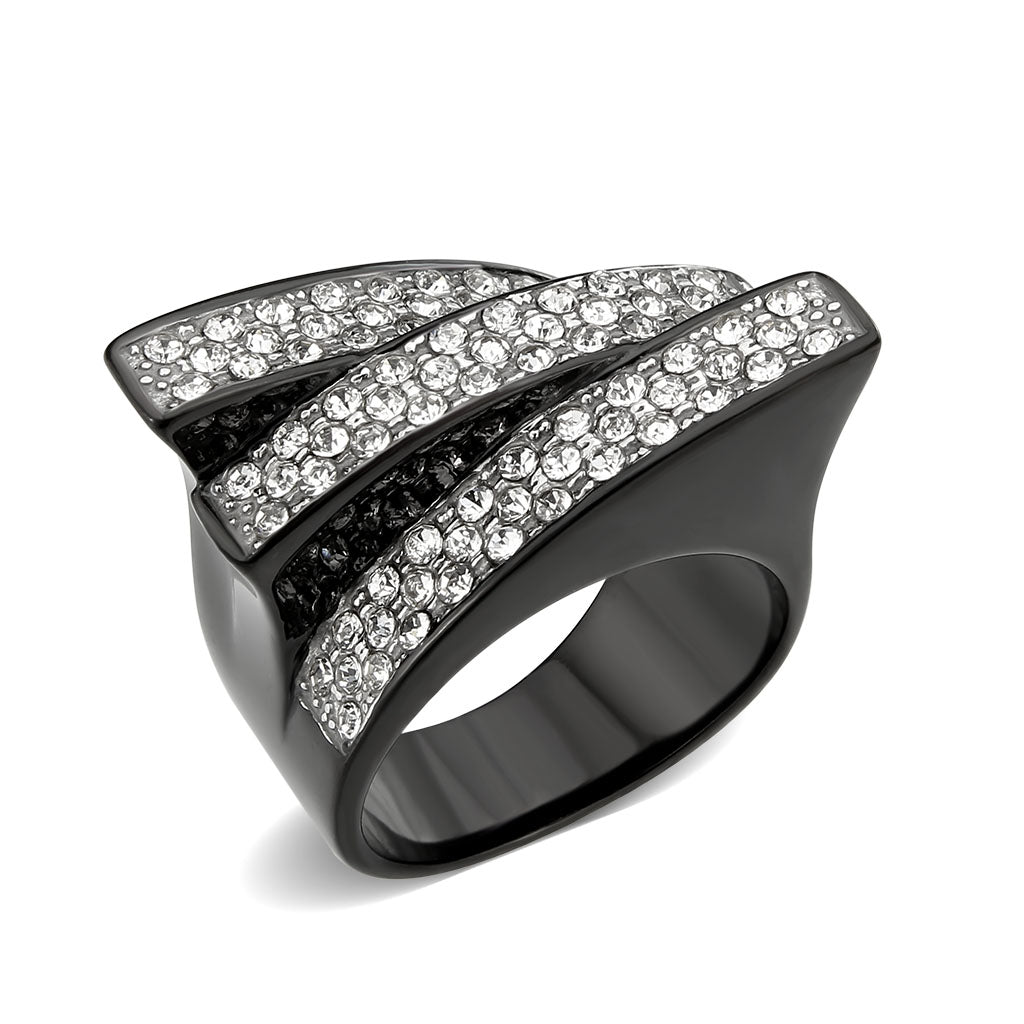 Two Tone IP Black (Ion Plating) Stainless Steel Ring with Top Grade Crystal in Clear