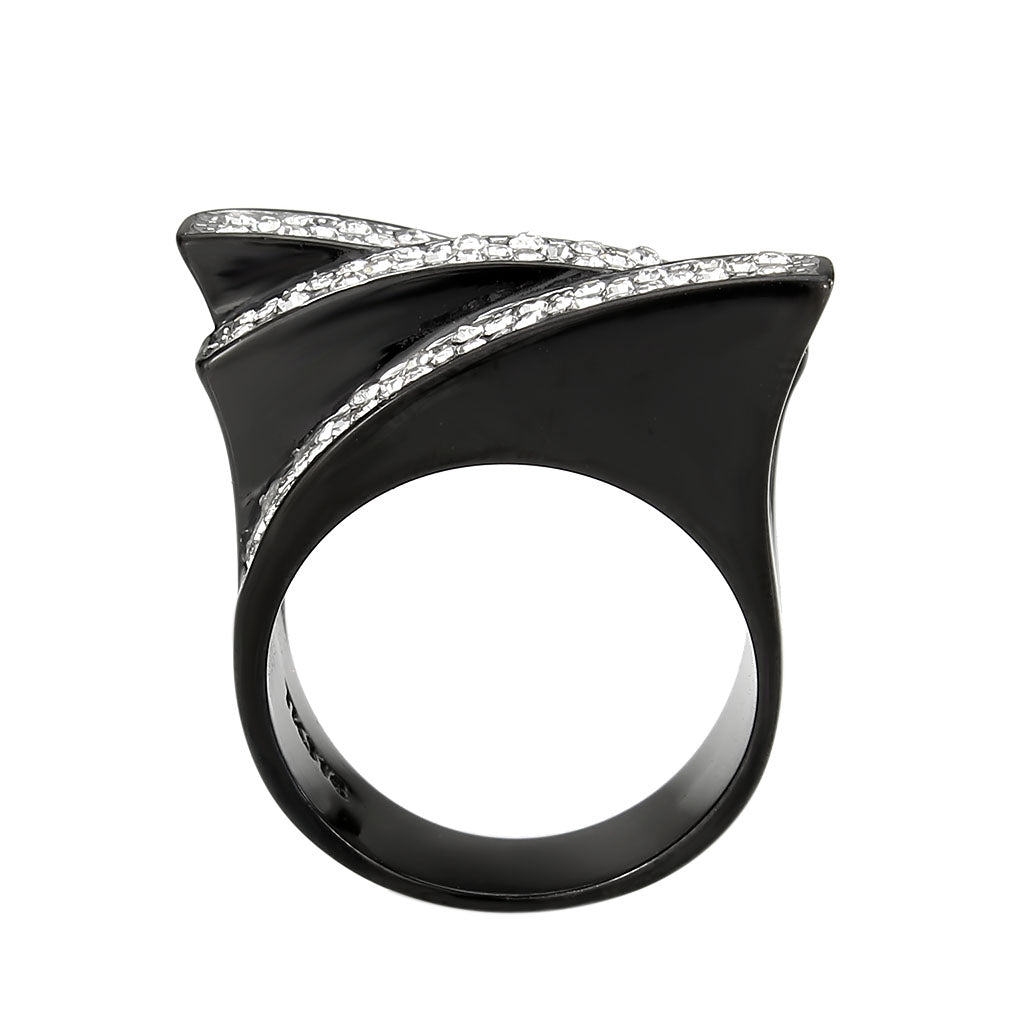 Two Tone IP Black (Ion Plating) Stainless Steel Ring with Top Grade Crystal in Clear