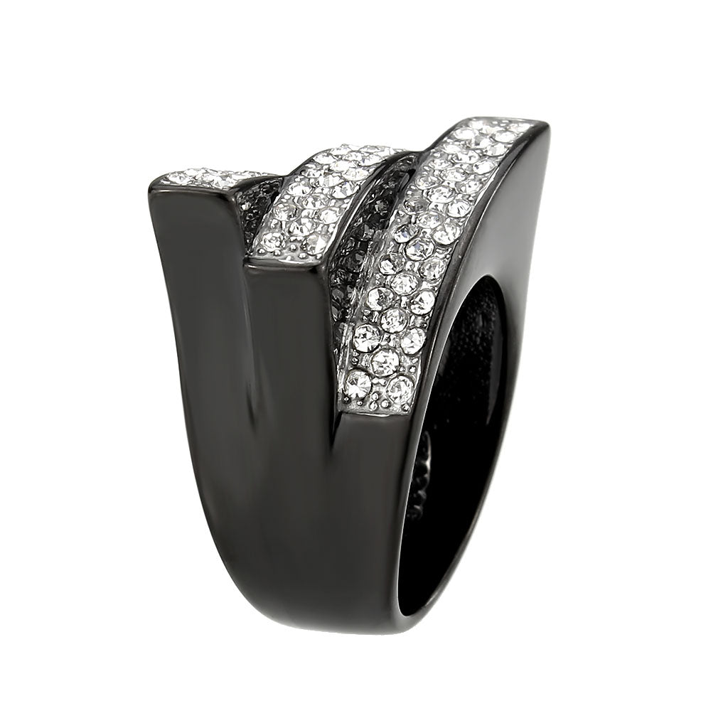 Two Tone IP Black (Ion Plating) Stainless Steel Ring with Top Grade Crystal in Clear