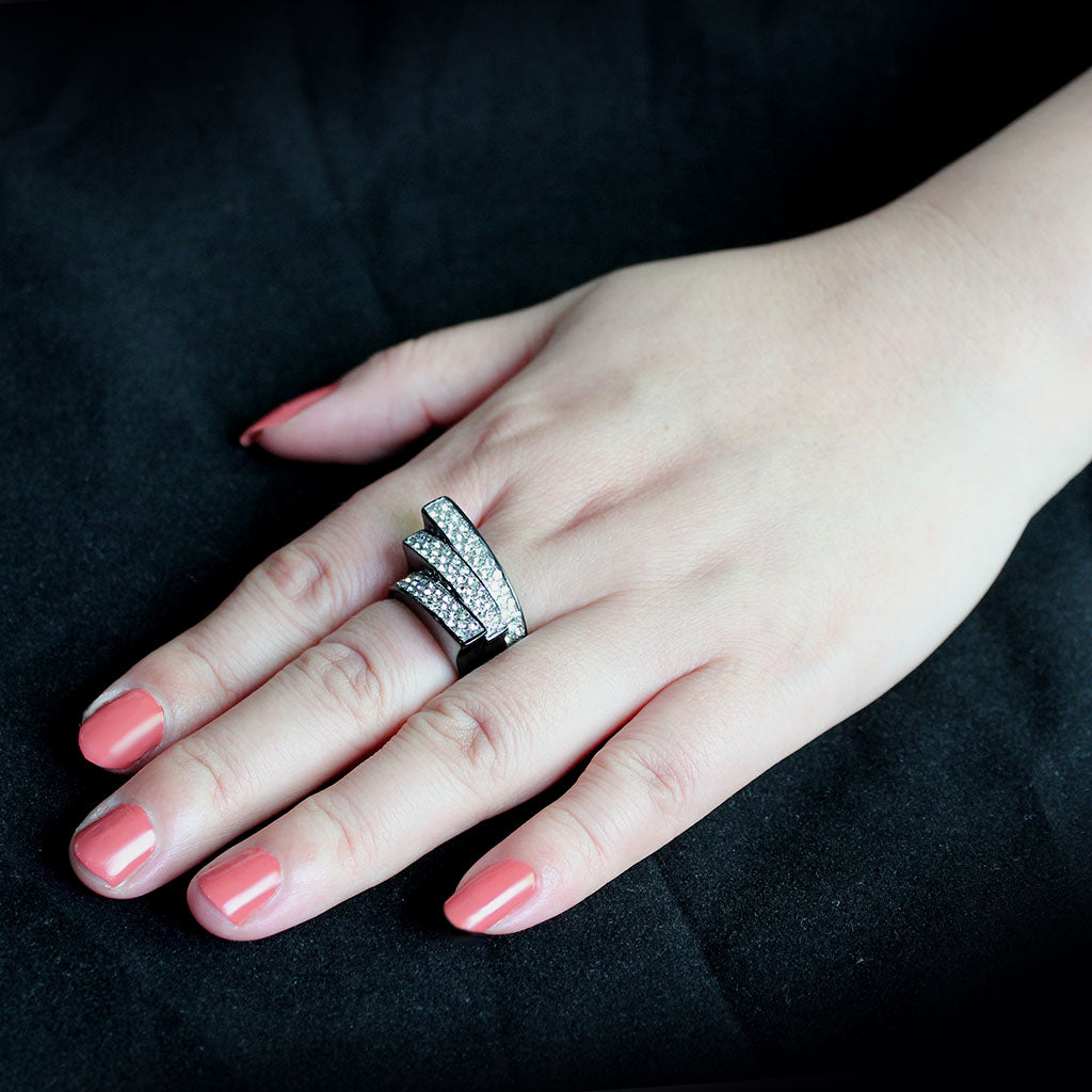 Two Tone IP Black (Ion Plating) Stainless Steel Ring with Top Grade Crystal in Clear