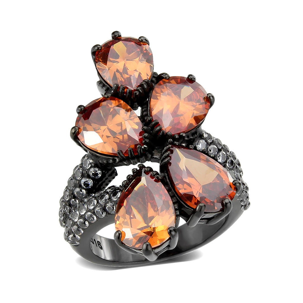 IP Black (Ion Plating) Stainless Steel Ring with AAA Grade CZ in Champagne
