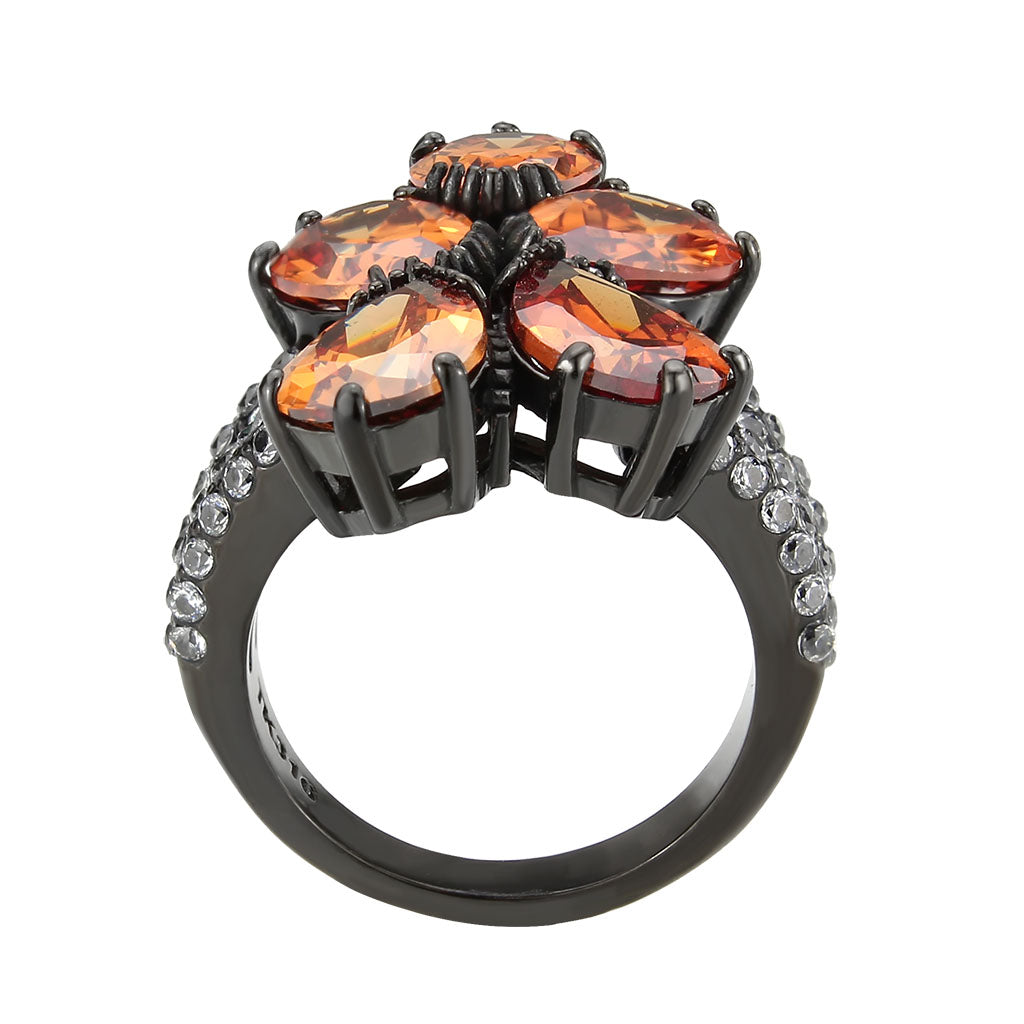 IP Black (Ion Plating) Stainless Steel Ring with AAA Grade CZ in Champagne