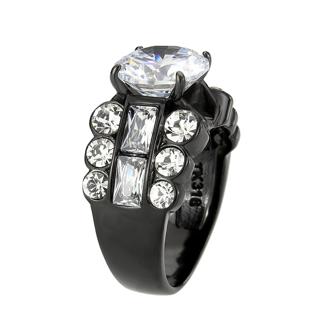 IP Black (Ion Plating) Stainless Steel Ring with AAA Grade CZ in Clear