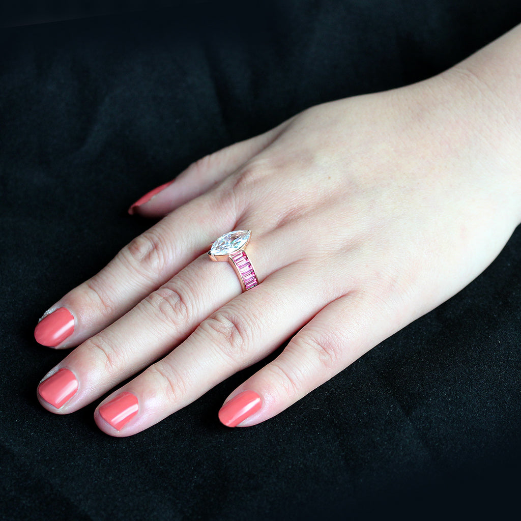 IP Rose Gold(Ion Plating) Stainless Steel Ring with AAA Grade CZ in Clear