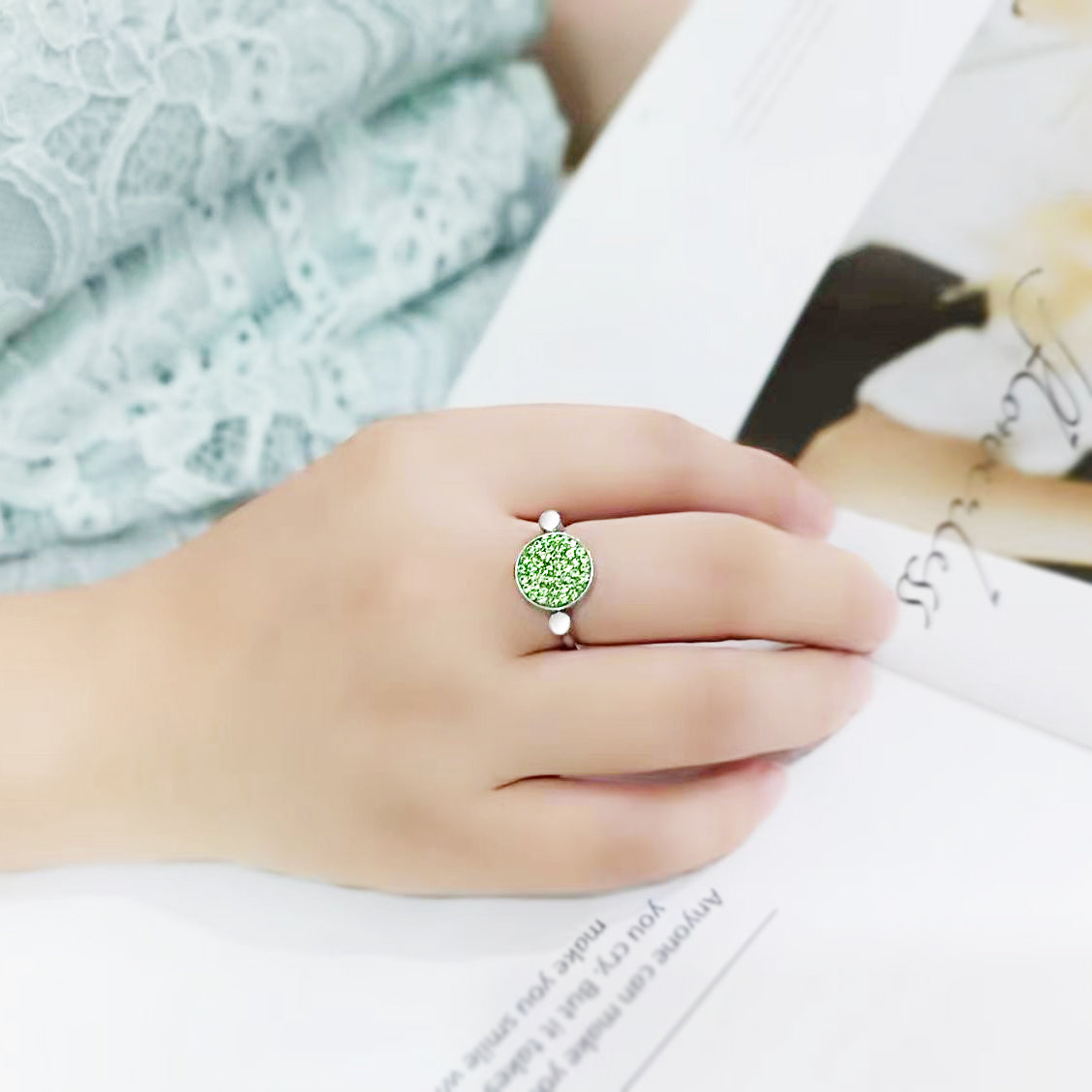 High polished (no plating) Stainless Steel Ring with Top Grade Crystal in Peridot