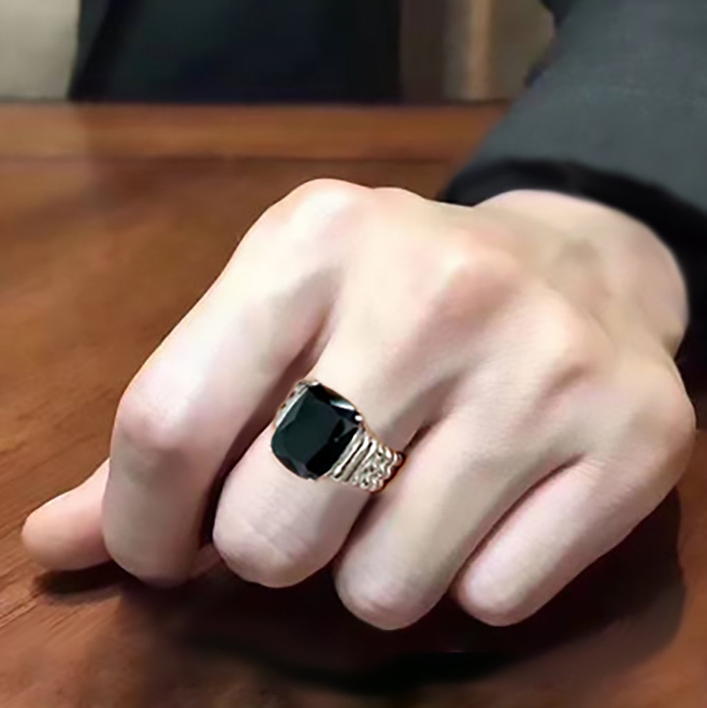 High polished (no plating) Stainless Steel Ring with Synthetic in Jet