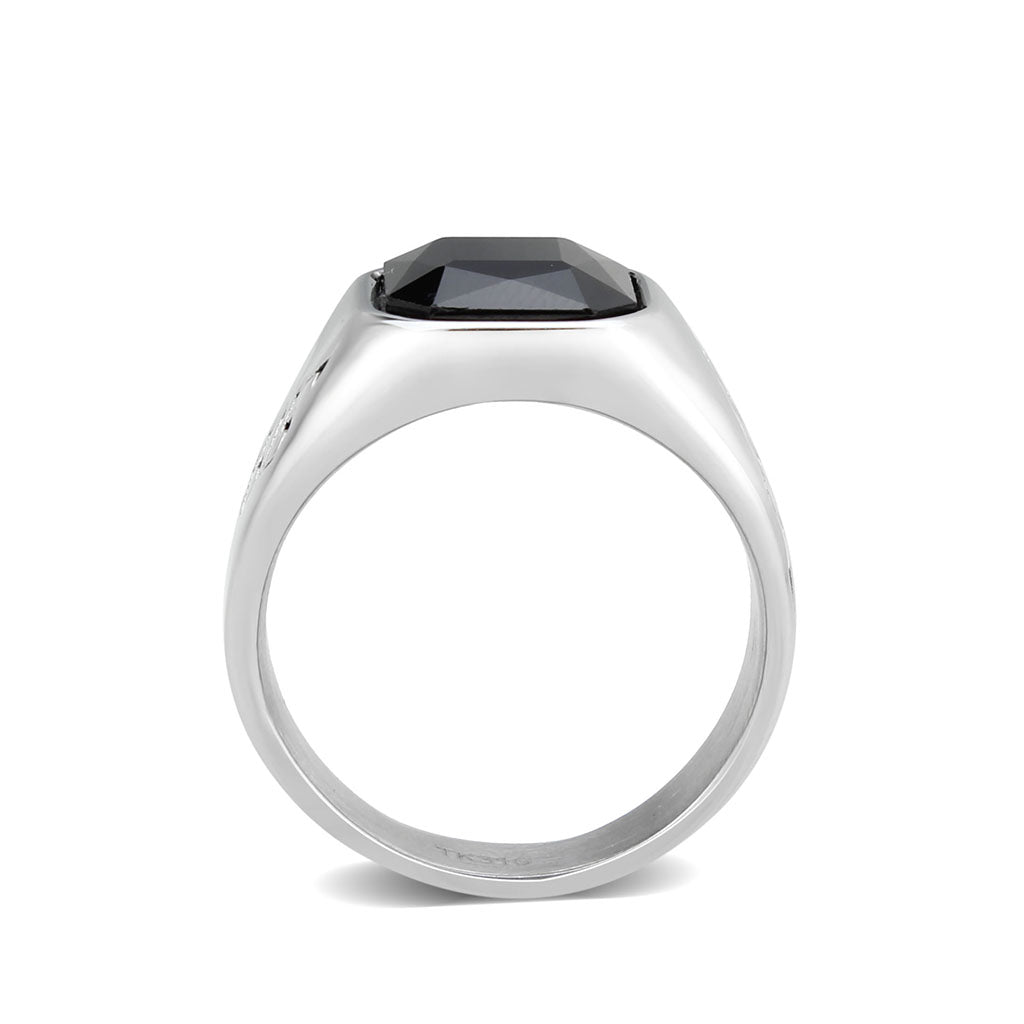 High polished (no plating) Stainless Steel Ring with AAA Grade CZ in Jet