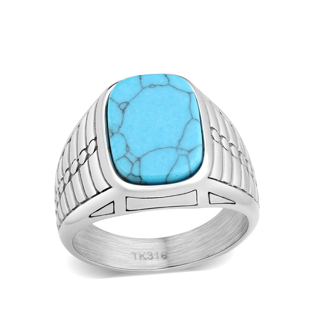 High polished (no plating) Stainless Steel Ring with Synthetic in Turquoise