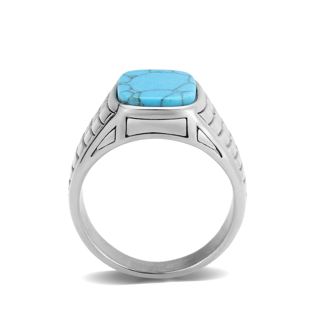 High polished (no plating) Stainless Steel Ring with Synthetic in Turquoise