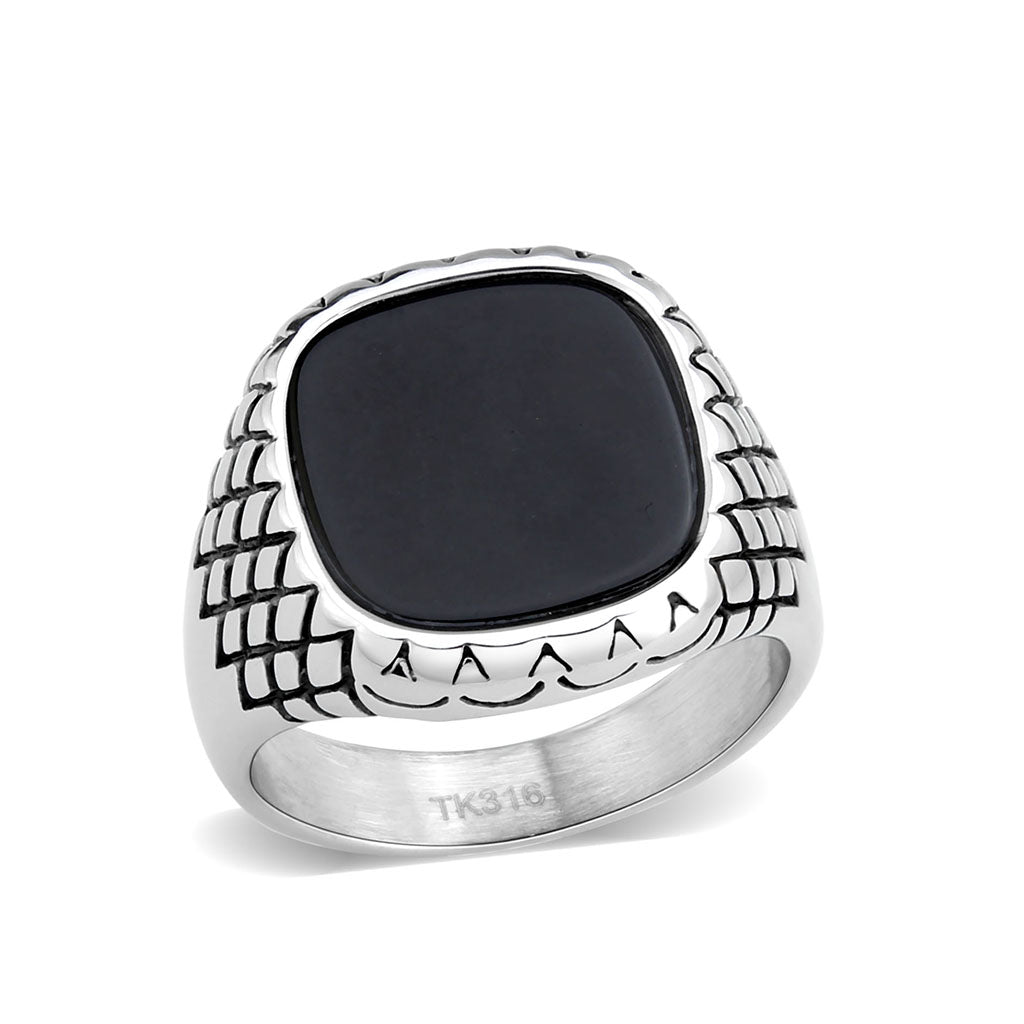 High polished (no plating) Stainless Steel Ring with Synthetic in Jet