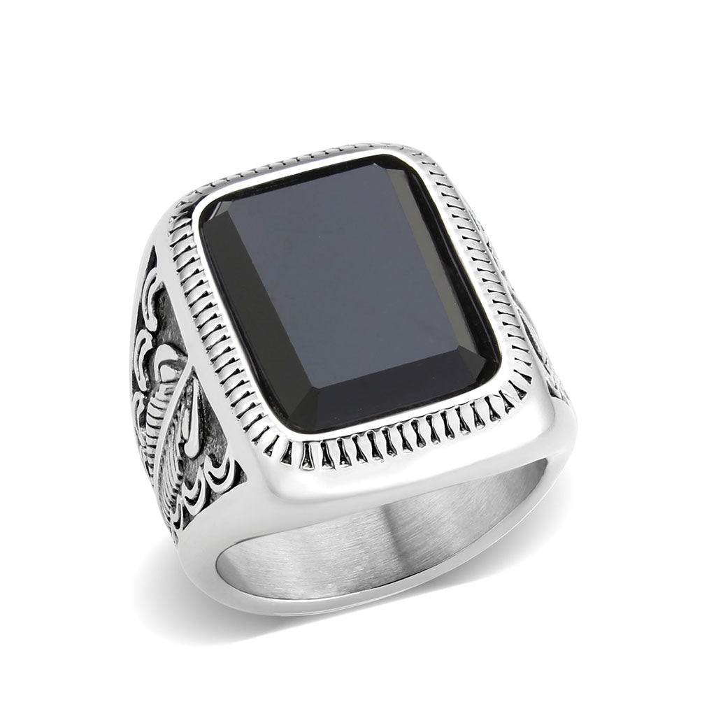 High polished (no plating) Stainless Steel Ring with Synthetic in Jet