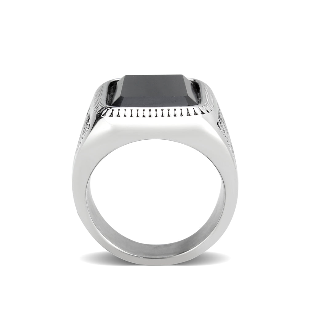 High polished (no plating) Stainless Steel Ring with Synthetic in Jet