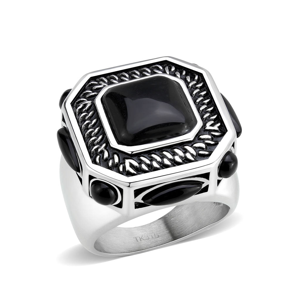 High polished (no plating) Stainless Steel Ring with Synthetic in Jet