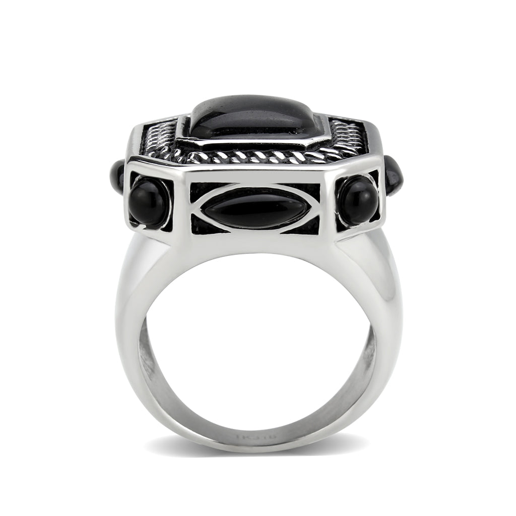 High polished (no plating) Stainless Steel Ring with Synthetic in Jet