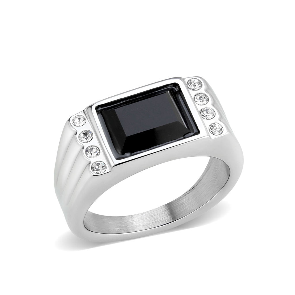 High polished (no plating) Stainless Steel Ring with Synthetic in Jet