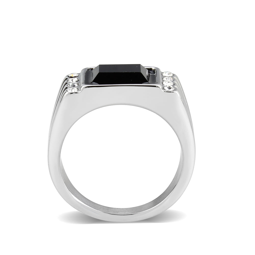 High polished (no plating) Stainless Steel Ring with Synthetic in Jet