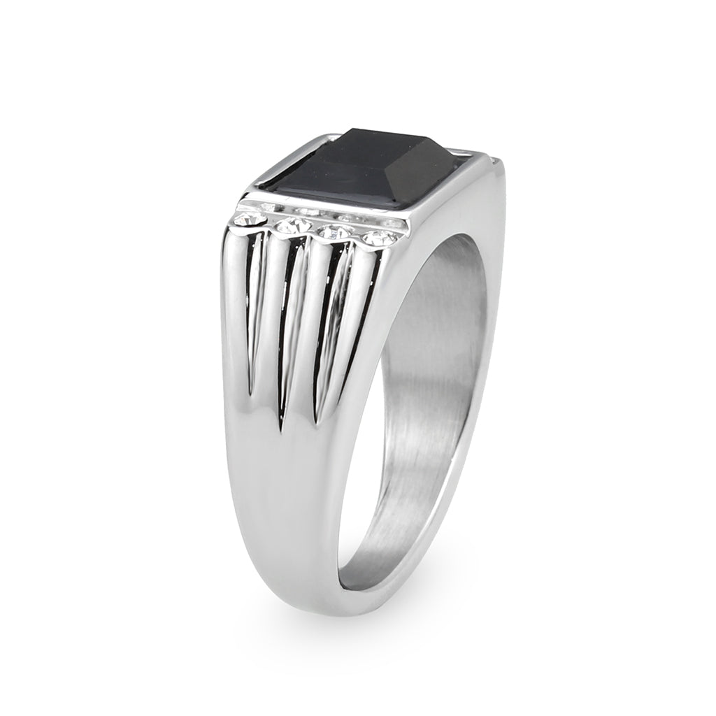 High polished (no plating) Stainless Steel Ring with Synthetic in Jet