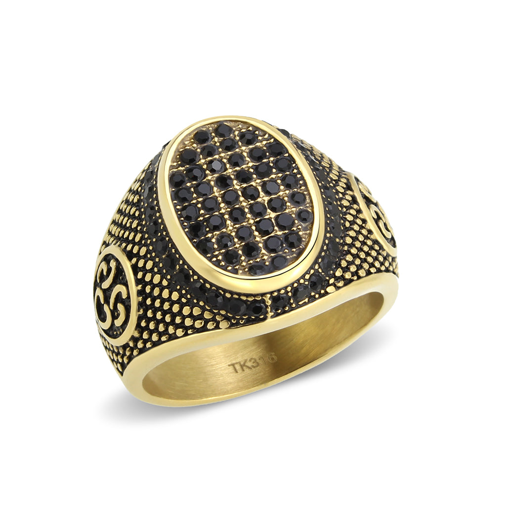 IP Gold(Ion Plating) Stainless Steel Ring with AAA Grade CZ in Jet