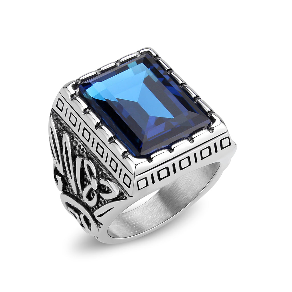 High polished (no plating) Stainless Steel Ring with Top Grade Crystal in Sapphire