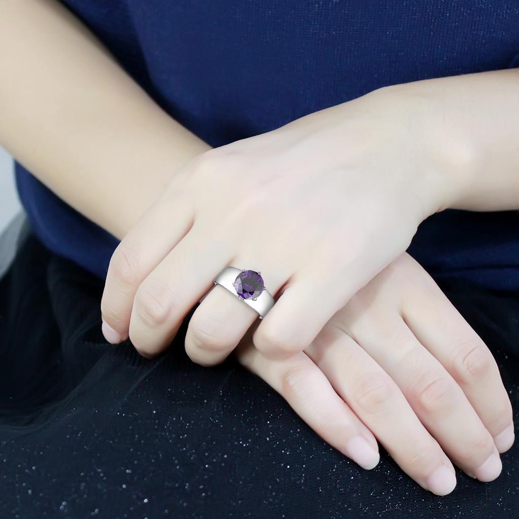 High polished (no plating) Stainless Steel Ring with AAA Grade CZ  in Amethyst
