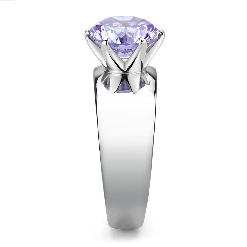 High polished (no plating) Stainless Steel Ring with AAA Grade CZ  in Light Amethyst