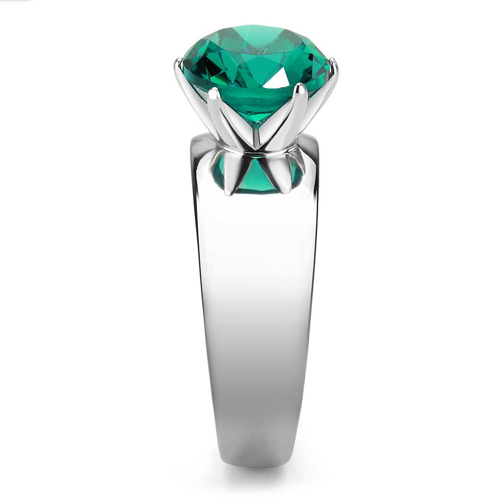 High polished (no plating) Stainless Steel Ring with Synthetic Synthetic Glass in Blue Zircon