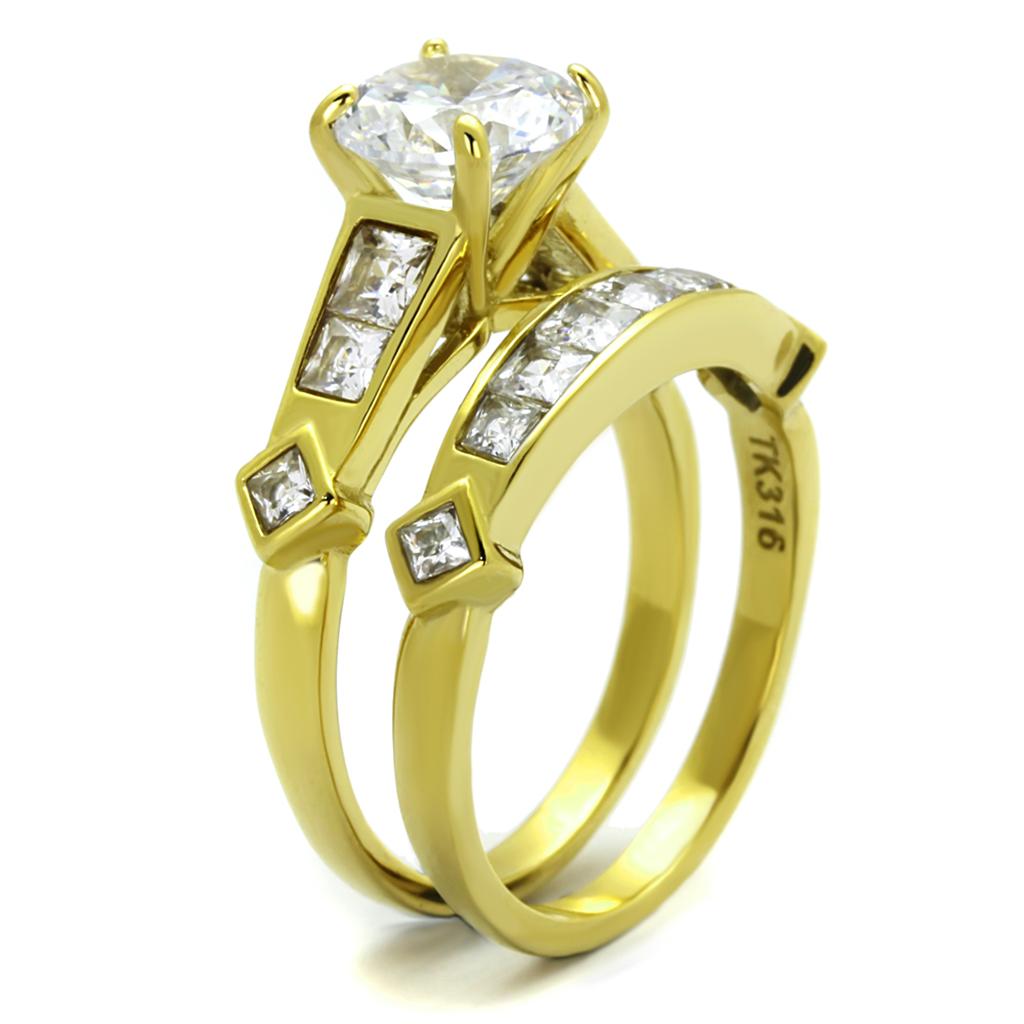 IP Gold(Ion Plating) Stainless Steel Ring with AAA Grade CZ  in Clear