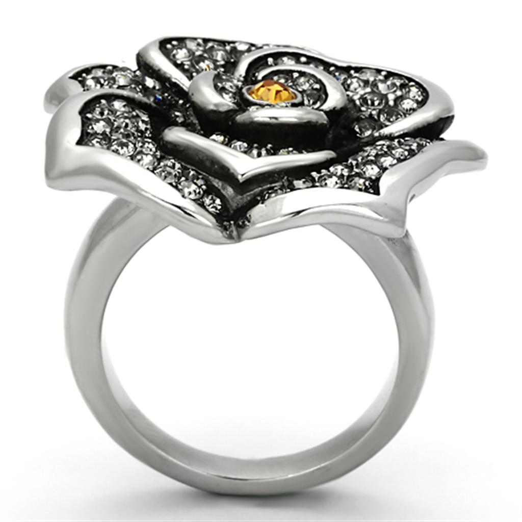 High polished (no plating) Stainless Steel Ring with Top Grade Crystal  in Topaz