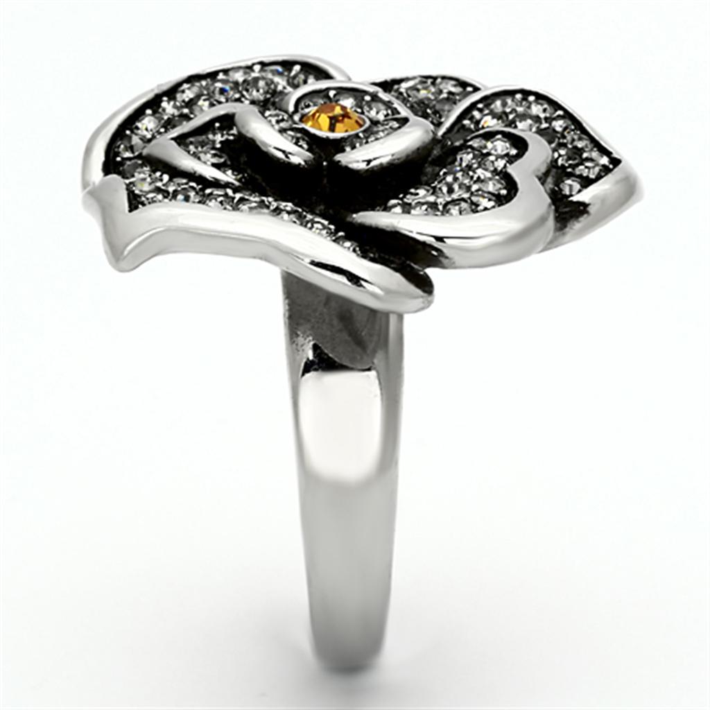High polished (no plating) Stainless Steel Ring with Top Grade Crystal  in Topaz