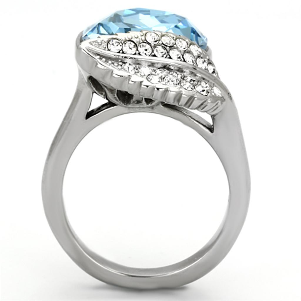 High polished (no plating) Stainless Steel Ring with Top Grade Crystal  in Sea Blue