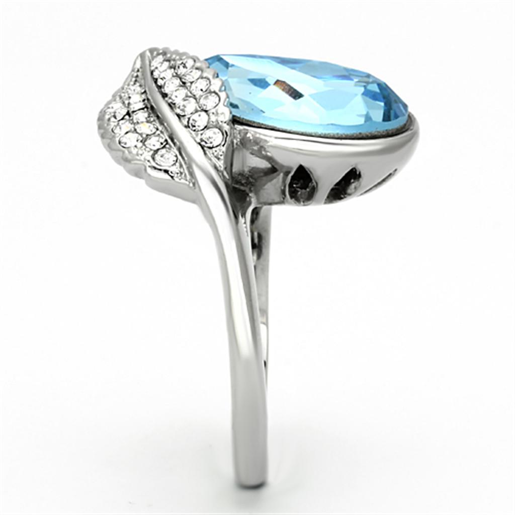 High polished (no plating) Stainless Steel Ring with Top Grade Crystal  in Sea Blue