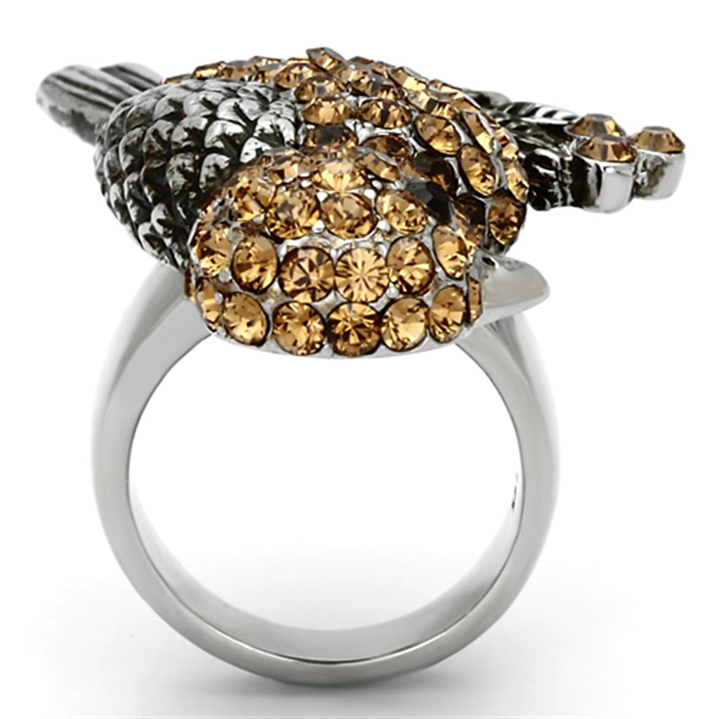 High polished (no plating) Stainless Steel Ring with Top Grade Crystal  in Smoked Quartz