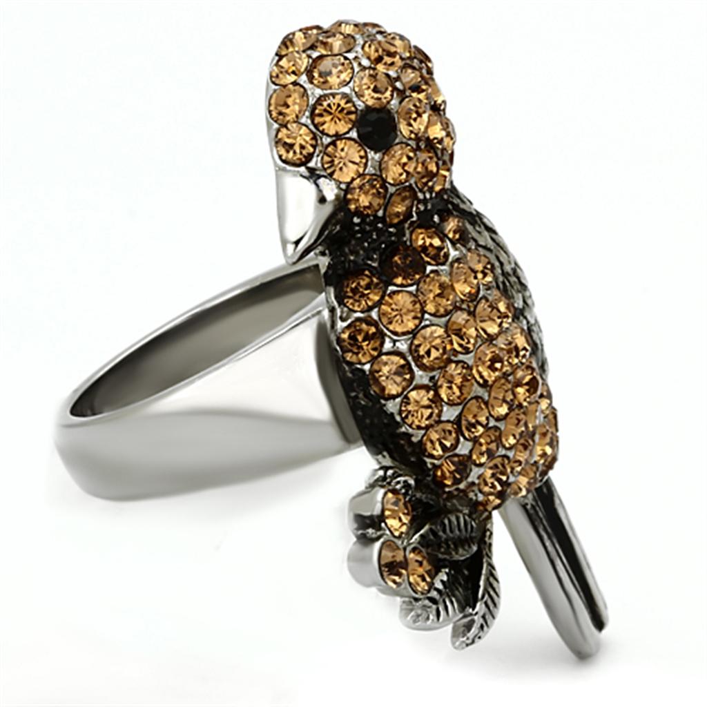 High polished (no plating) Stainless Steel Ring with Top Grade Crystal  in Smoked Quartz