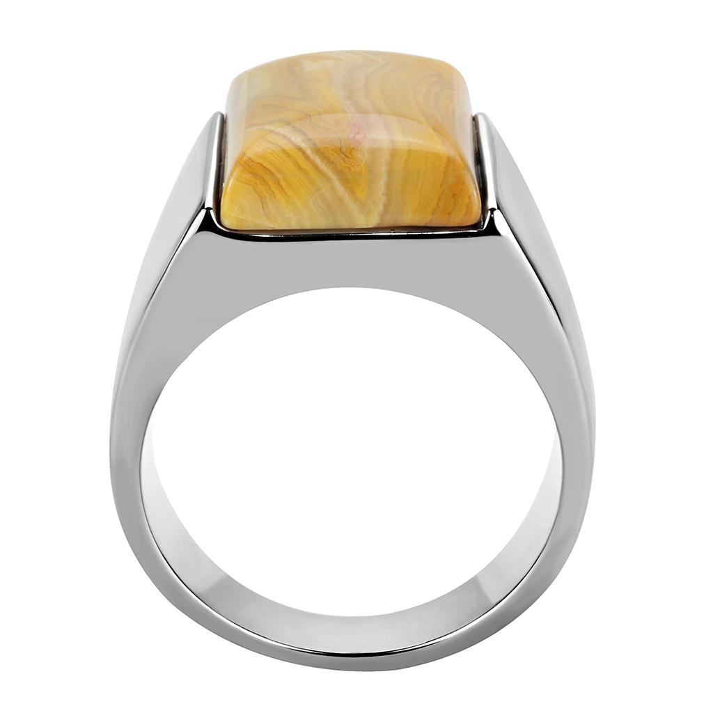 High polished (no plating) Stainless Steel Ring with Semi-Precious Agate in Brown