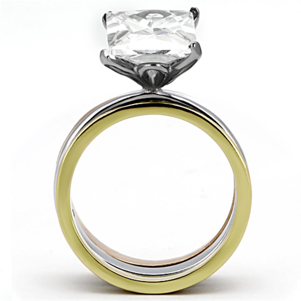 Three Tone (IP Gold & IP Rose Gold & High Polished) Stainless Steel Ring with AAA Grade CZ  in Clear