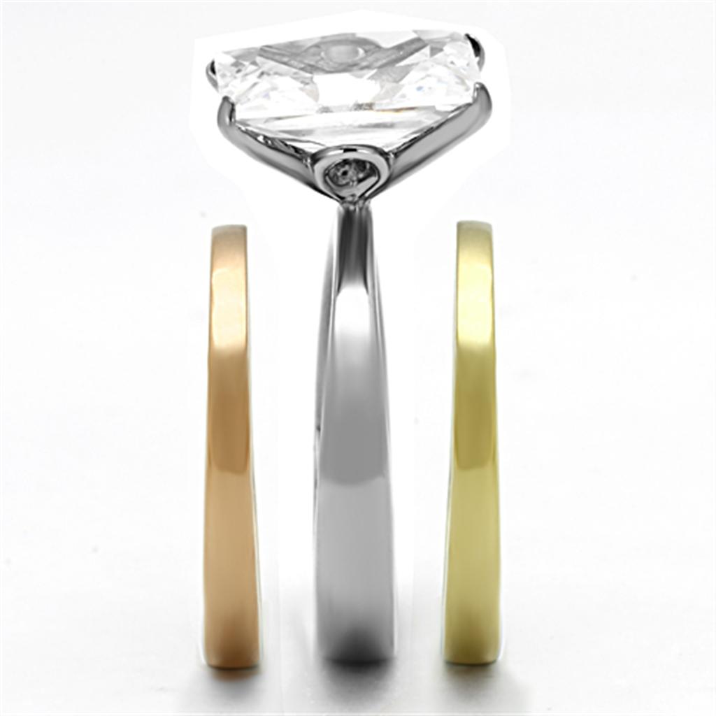 Three Tone (IP Gold & IP Rose Gold & High Polished) Stainless Steel Ring with AAA Grade CZ  in Clear